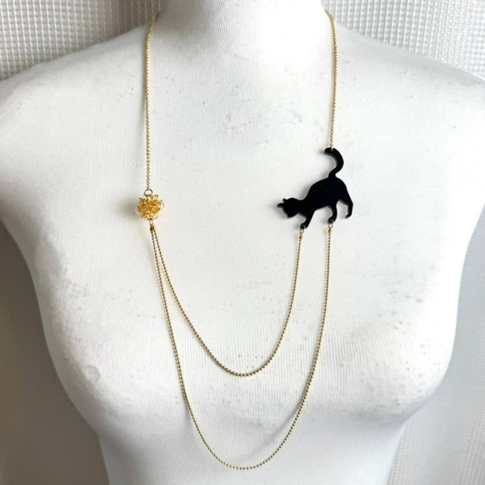 Black Cat Necklace Gold Tone Long Chain Yarn Tangle Kitten Crazy Cat Lady Gift